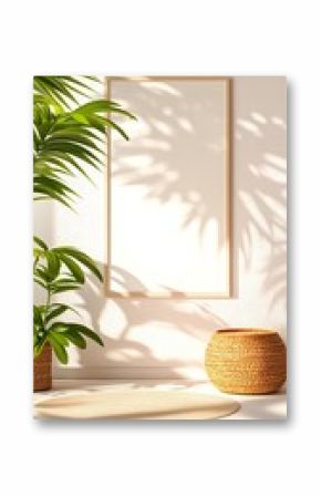 Blank Frame Mockup with Tropical Plants and Woven Basket