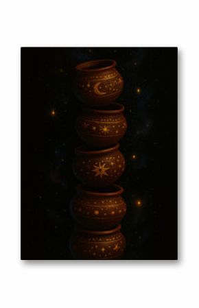 Celestial Pottery Stack Mystical Brown Pots Decorated with Golden Stars and Moon Against a Night Sky Background
