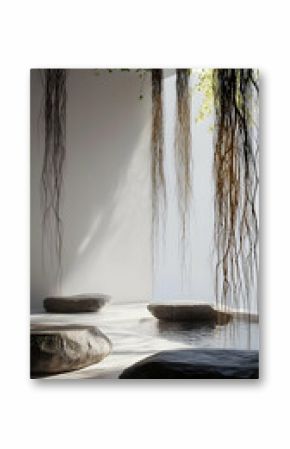 Tranquil space with hanging vines and stones.  Soft light streams through a center opening, illuminating smooth stones on a light floor.  