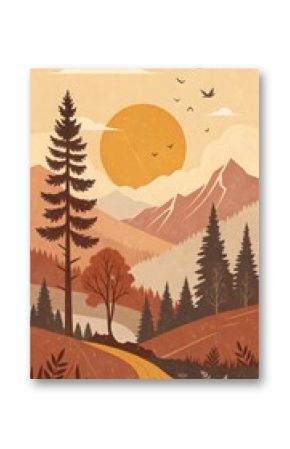 Vintage Mountain Landscape Wall Art Retro Nature Poster with Trees, Sunrise, Sunset, Minimalist Aesthetic, Boho Wilderness Décor