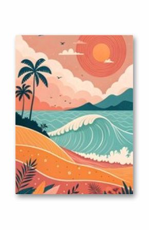 Tropical Beach Wall Art Vintage Coastal Sunset Illustration, Ocean Wave Poster, Palm Tree Printable, Summer Seaside Home Decor