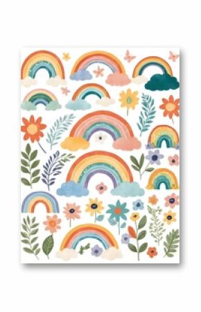 Vibrant Rainbow & Floral Clipart Collection: Cute Rainbows, Clouds, Flowers & Leaves for Digital Designs, Crafts & Decor – Instant Download Graphics