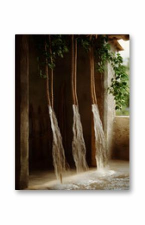 Rustic, flowing water features with ropes and greenery