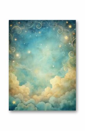 Distressed vintage paper background with swirling clouds and twinkling starry night sky