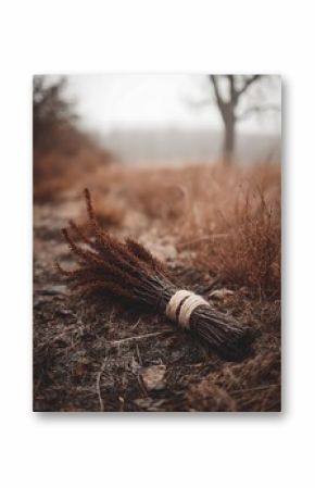 Autumnal Bundle of Dried Twigs on Foggy Path. A rustic, close up image of a tied bundle of dried brown twigs resting on the ground in a misty autumnal landscape.