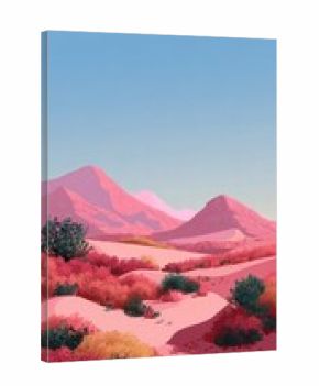 Pastel desert landscape. Soft pink mountains and dunes, with vibrant bushes