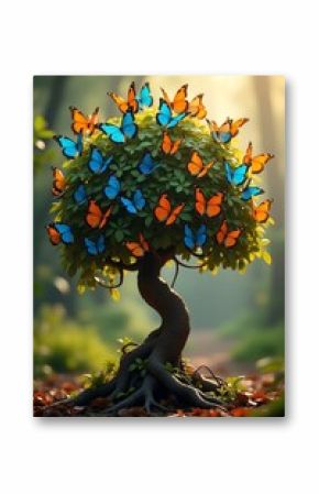A Majestic Bonsai Tree Adorned with Colorful Butterflies