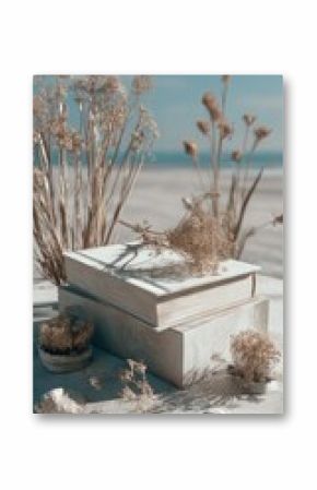 Stacked books, dried plants, seashells, on a beach