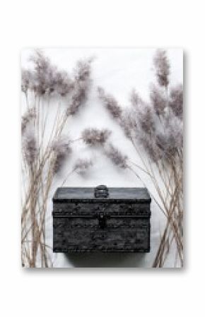 Black decorative box surrounded by dried grasses on white background