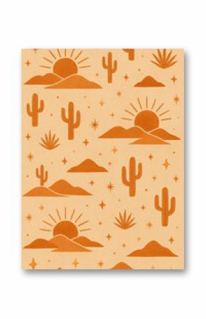Seamless desert pattern with cacti, mountains, sun, stars and agave in warm terracotta tones. Minimalist aesthetic, perfect for boho designs and desertcore projects.