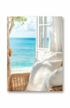 Cozy Coastal Reading Nook with Rattan Armchair and Ocean View Through Window perfect for interior design inspiration, travel blogs, vacation home brochures and peaceful lifestyle branding