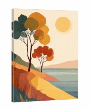 Minimalist bohemian seaside landscape scene at golden hour featuring hill and tranquil water