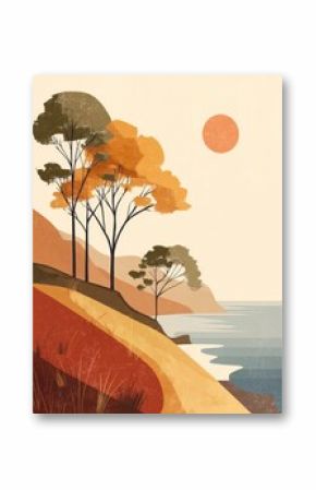 Minimalist boho seaside landscape featuring a gentle hill leading to calm ocean during golden hour