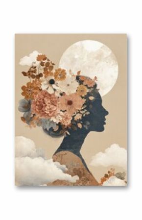 Silhouette woman adorned with flowers, moon, clouds