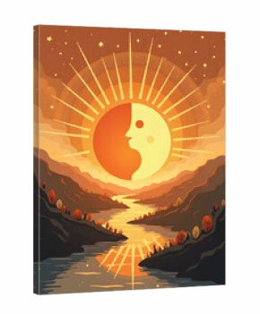 This captivating artwork depicts the sun and moon over a flowing river.