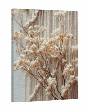 Ethereal Dried Blooms Against Soft Macrame Tapestry, Boho Home Decor Aesthetic.