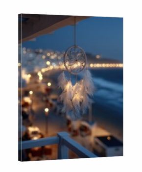 Dreamcatcher hangs over night beach scene