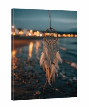 Dreamcatcher hangs over ocean at twilight