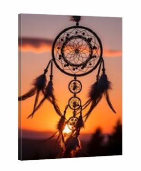 Dreamcatcher Hanging Against a Vibrant Sunset Sky with Golden Light.