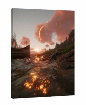 Sunrise over river, canoe, fiery clouds