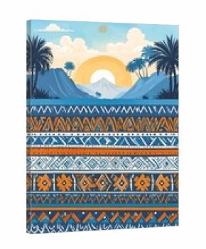 Sunrise landscape with repeating tribal patterns