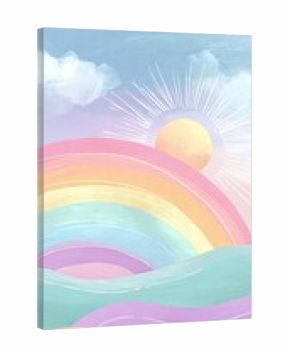 Pastel rainbow over rolling hills. Soft, whimsical landscape with a vibrant rainbow arching over gentle pastel hills. A stylized sun radiates from the center
