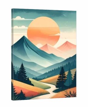 vector minimalist poster illustration of mountains with the sunset