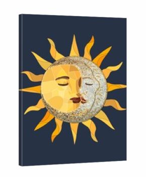 Conceptual illustration of the sun and moon in mosaic style, kissing abstractl