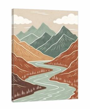 Boho Art Minimalist Mountain Landscape with River