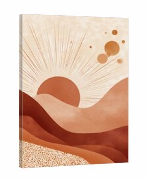 Sun rising on desert mountains  the colors are beige and burnt orange.