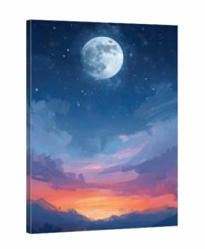 "Dreamy Night Sky with Full Moon and Vibrant Sunset Over Mountains – Digital Art" 