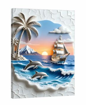 Sailing boat on the sea and dolphins I Wall Decor 