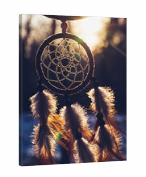 Warm Light Dreamcatcher with Feather and String Hanging Decoration Artwork. Ai Generated Images