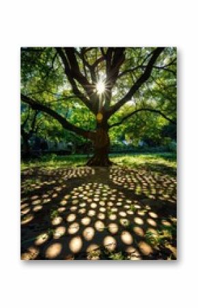 Sunlight filtering through tree branches creates patterns of light and shadow on the ground