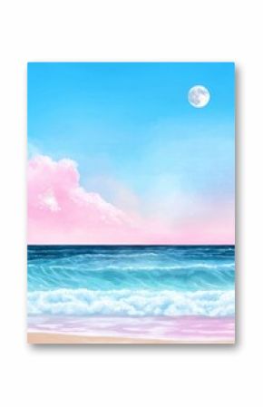 A seaside beach with waves print with an abstract background. Bohemian print for walls, boho poster, pastel abstract art, landscape drawing, sea painting. Hand drawn effect.