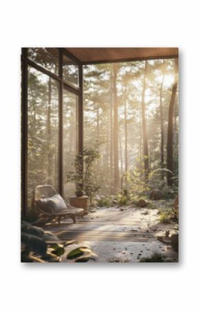 Cozy rustic porch with wicker chair at sunset