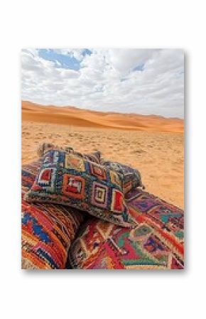 Vibrant Traditional Blankets on the Sand with Scenic View of the Dunes, Desert Landscape