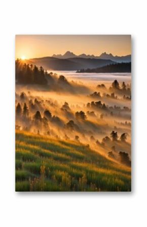 the AI Image Generator, mists in the Bohemian Forest, fogs lit by morning sun tinted orange