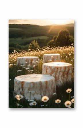 Three wooden stumps sit in a field of daisies, bathed in the golden light of the setting sun.