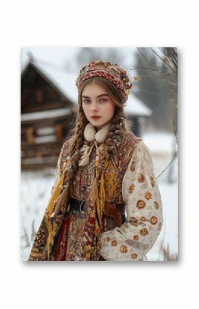 Traditional winter attire: young woman in embroidered dress and braided hair in snowy setting