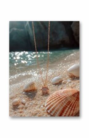 Beautiful necklace resting on sandy beach with seashells and sparkling water