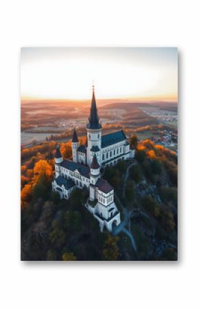 Trosky Castle aka Hrad Trosky aerial orbit sunset view. Bohemian Paradise highlighted by white, png