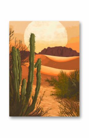 A large, full moon hangs over a desert landscape with sand dunes, cacti, and mountains.