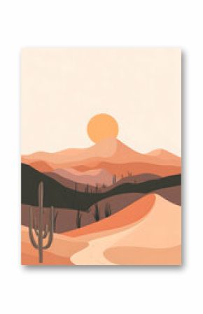 A minimalist landscape illustration of a desert with a sunset, mountains, sand dunes, and cacti.