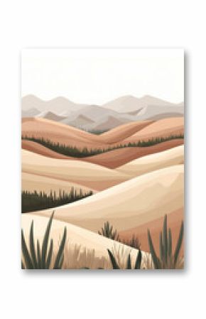 Abstract desert landscape illustration with beige sand dunes, green plants and mountains in the background.