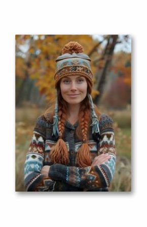 Charming portrait of a young woman with braided red hair, wearing a colorful knit hat and patterned sweater, set against a warm autumn background. Perfect for seasonal, rustic, or bohemian themes.