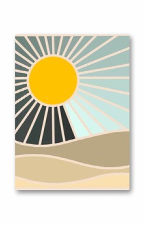sun, Abstract landscape poster. Nature wall decor contemporary art print, mid century mountain background.