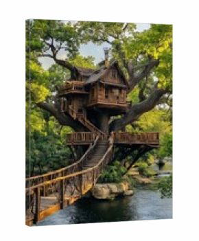 Massive abandoned treehouse with weathered wood textures and mystical appeal