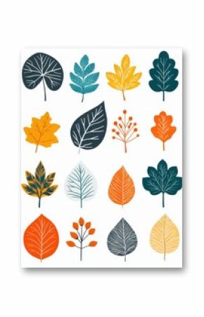 Scandinavian forest leaves folk art on white background with bold colors and simple shapes