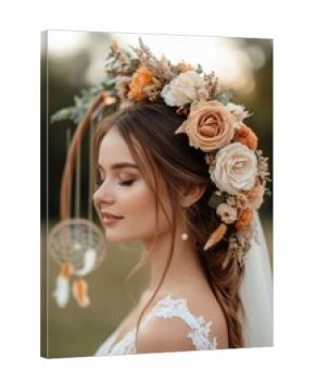 bohemian wedding decor, a whimsical wedding arch in boho style, adorned with dream catchers, set in a garden under the gentle sway of the wind